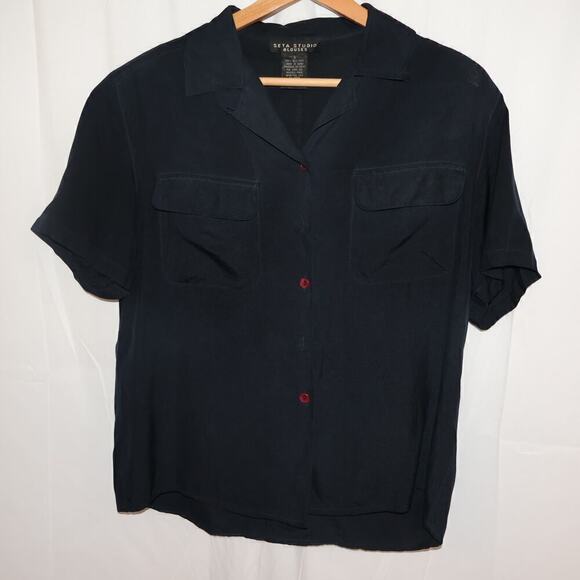 Seta Studio Blouses 100% Silk Size Small Short Sleeve Midnight Blue Button Up - Picture 8 of 13